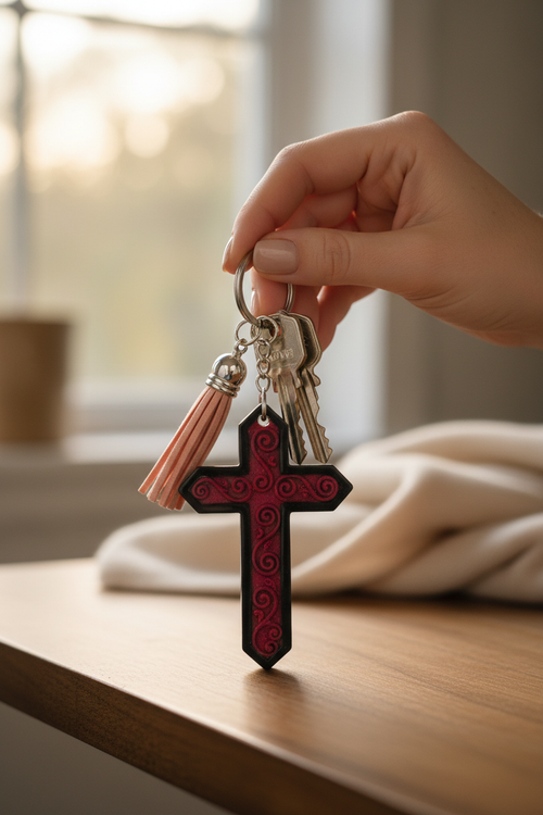 Burgundy & Black Resin Cross Keychain on Keys