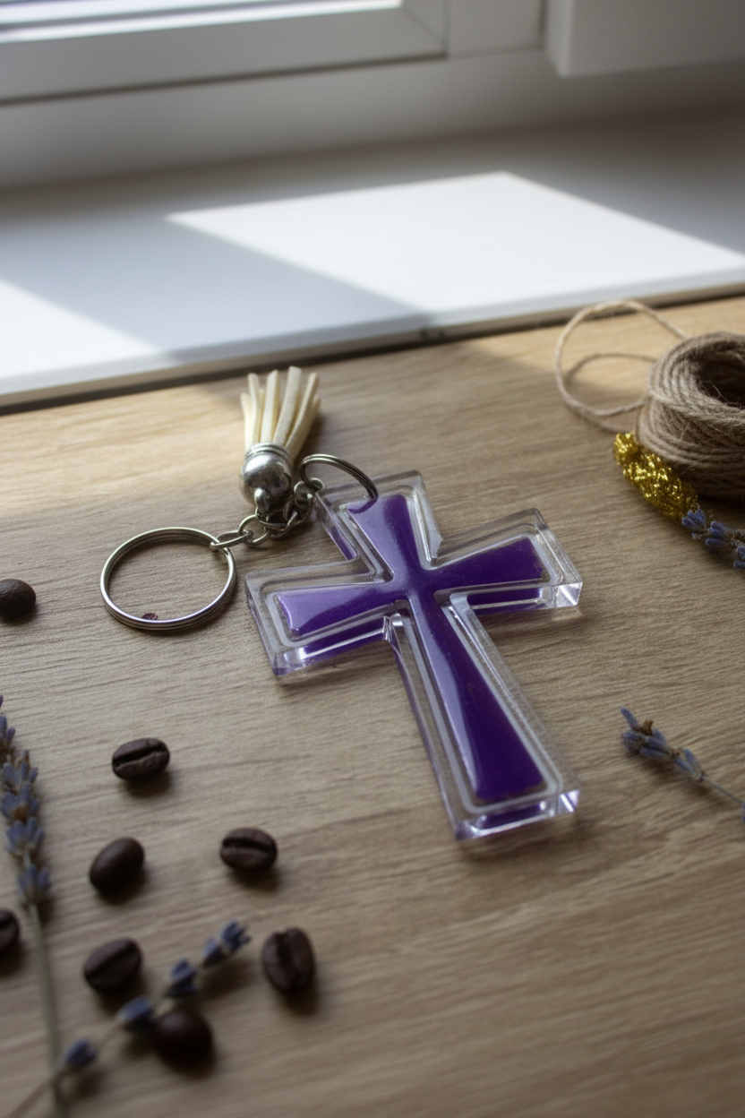 Clear Acrylic Purple Cross Keychain Lifestyle