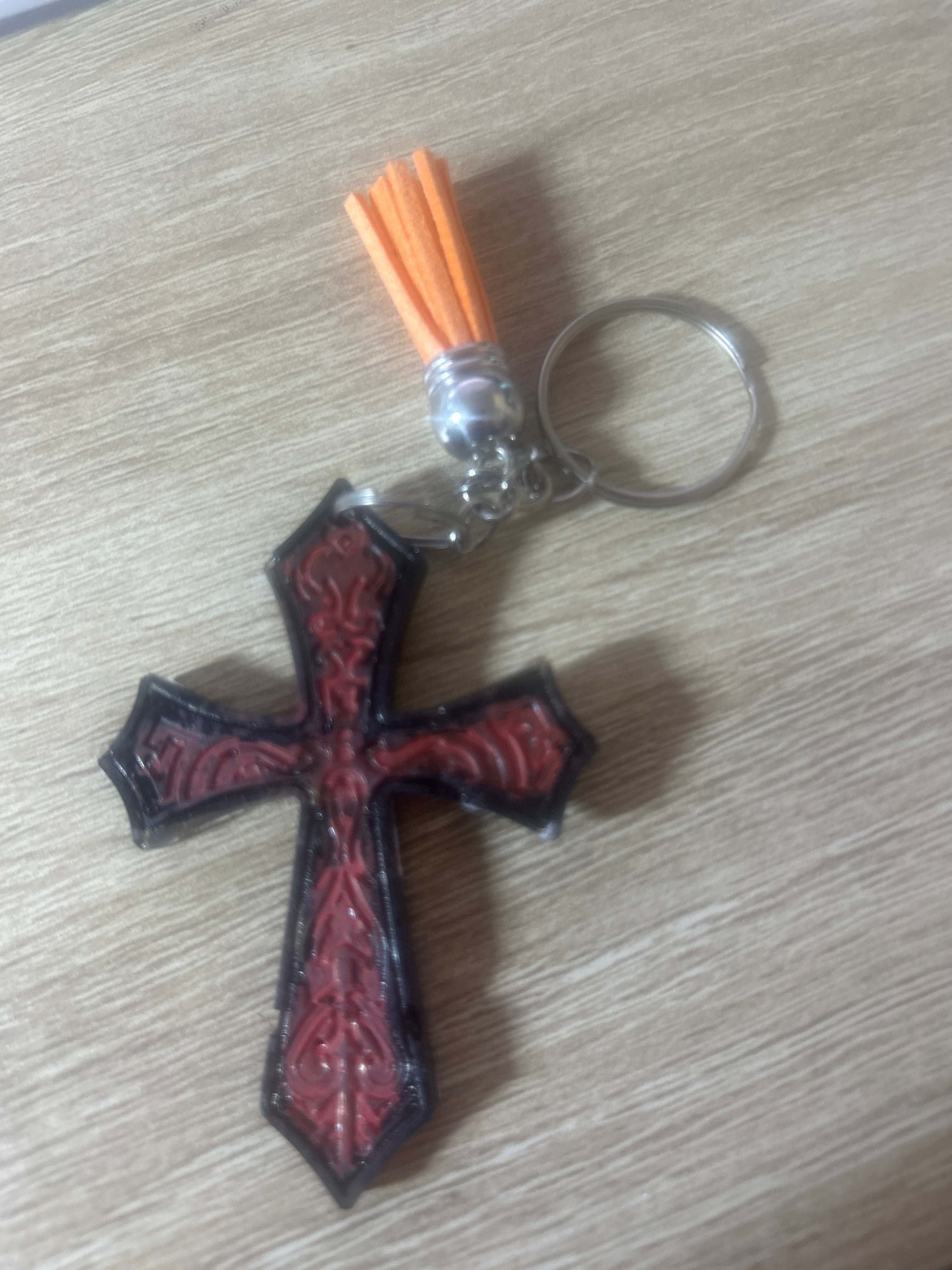 Burgundy & Black Resin Cross Keychain