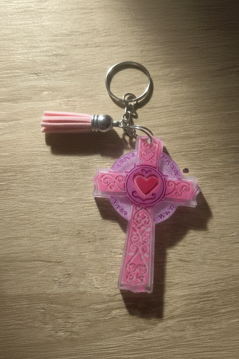Pink and purple heart cross keychain lifestyle photo