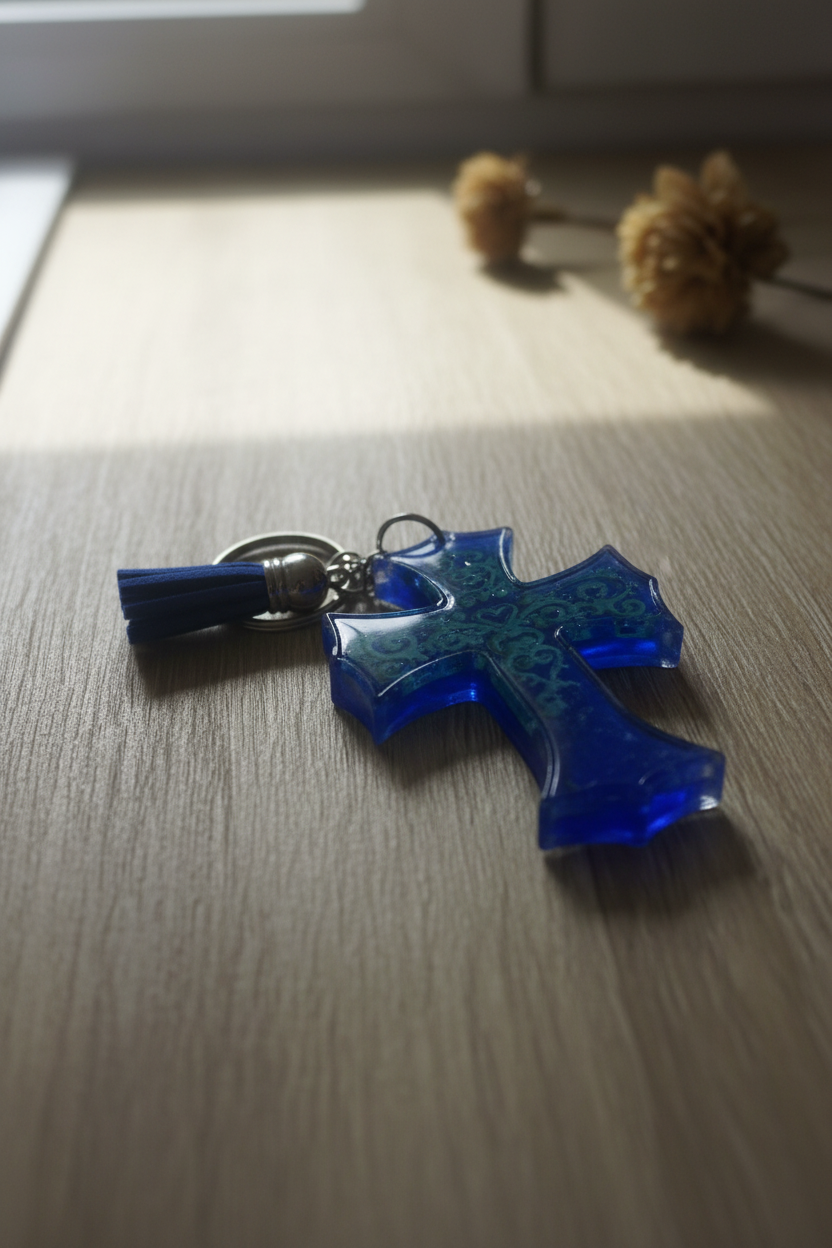 Royal blue resin cross keychain lifestyle photo