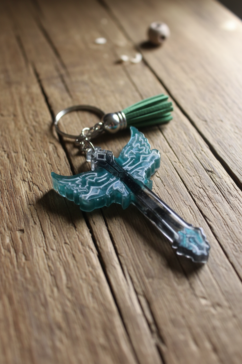 Teal butterfly wing cross keychain lifestyle photo