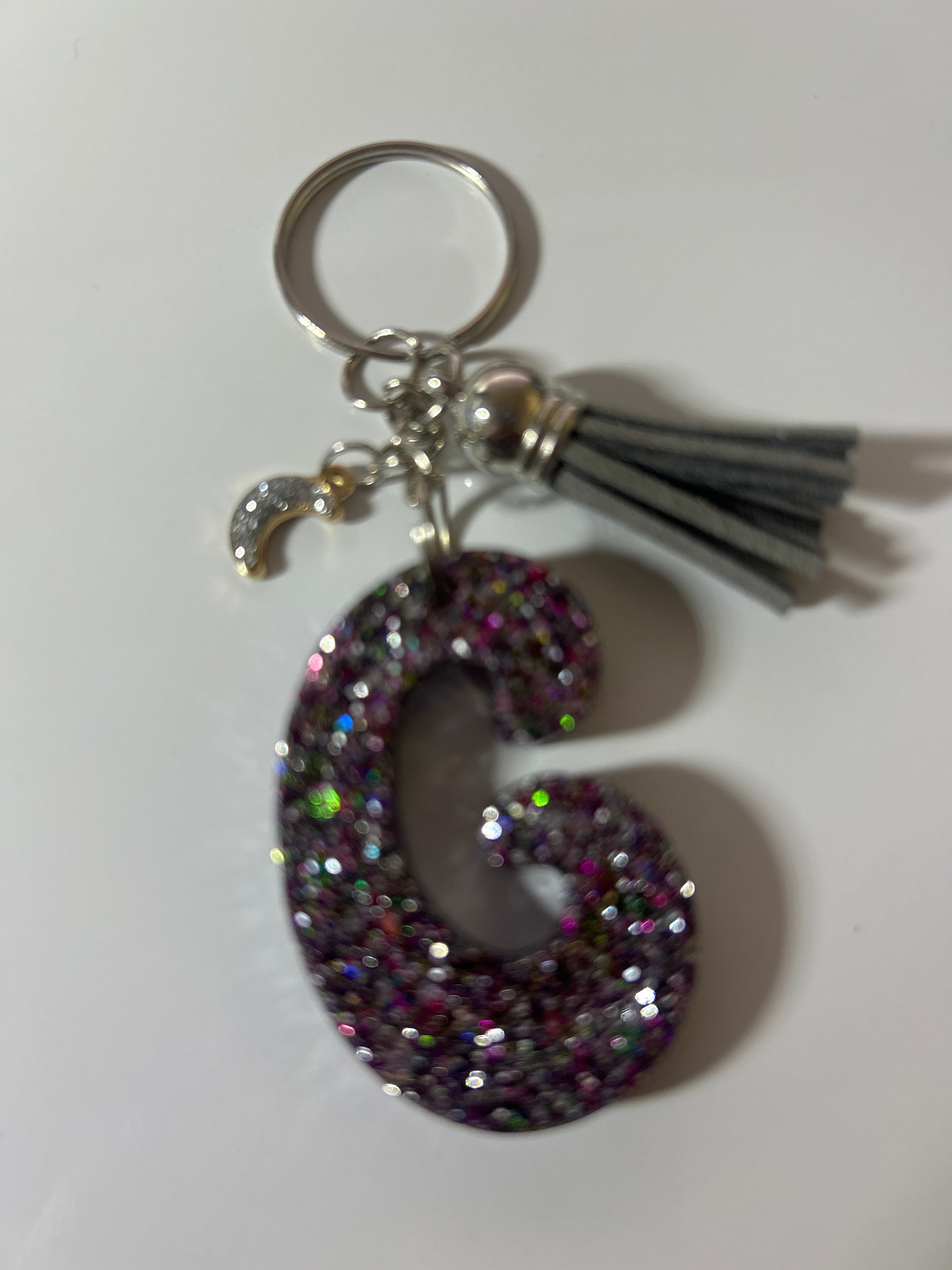 Letter G Resin Keychain – Holographic Glitter with Moon Charm