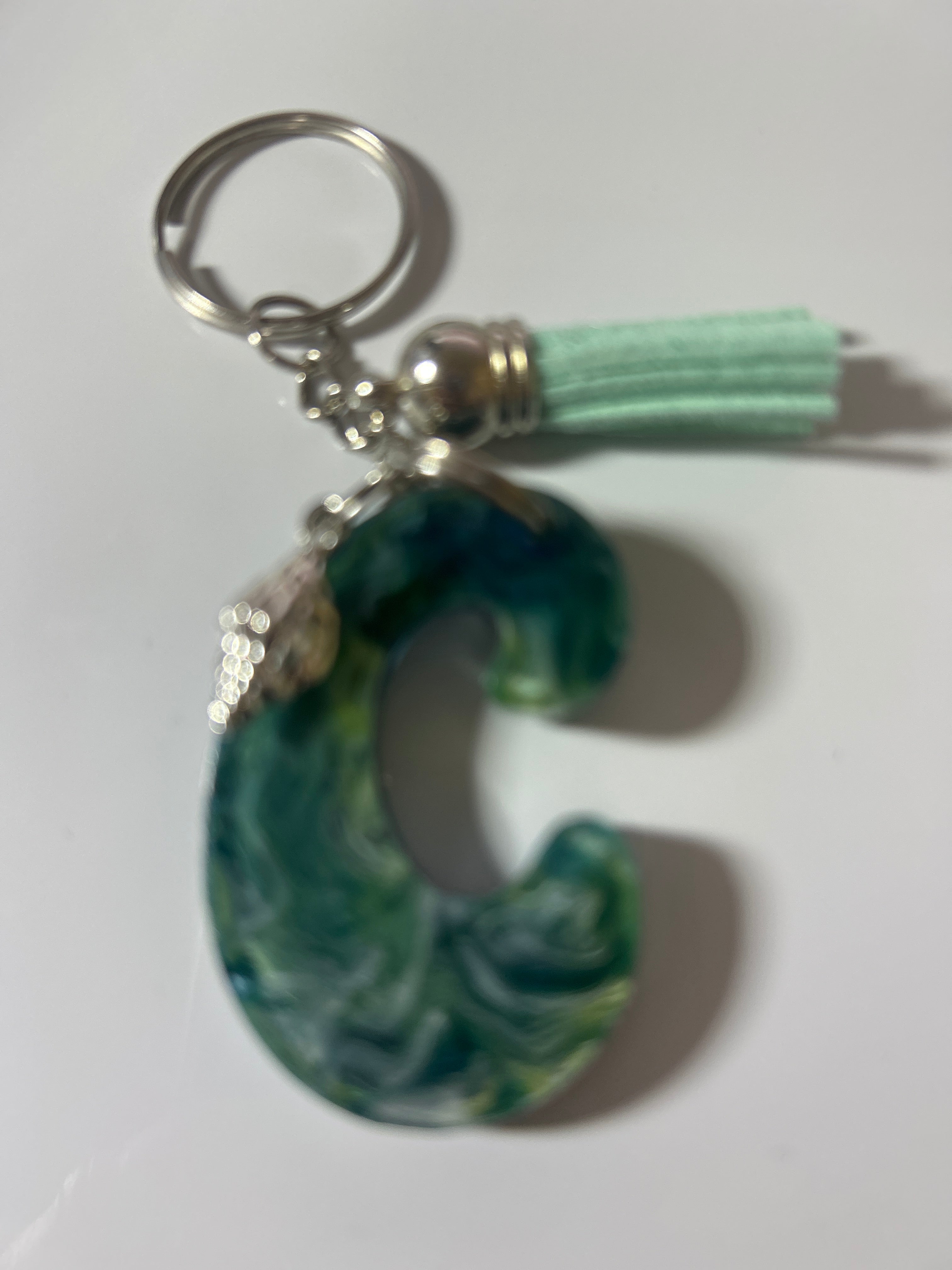 Letter C Resin Keychain – Teal & Green Marble Handmade