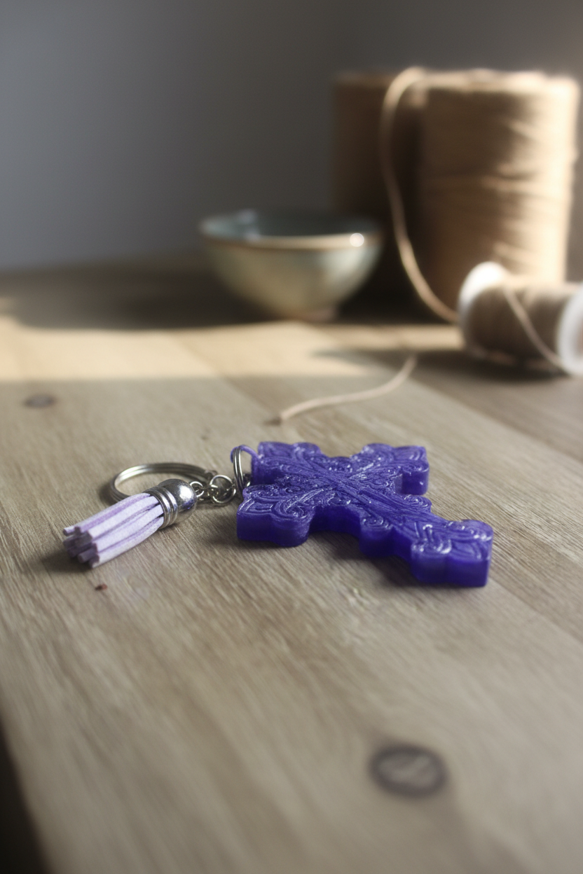 Purple Resin Cross Keychain Lifestyle