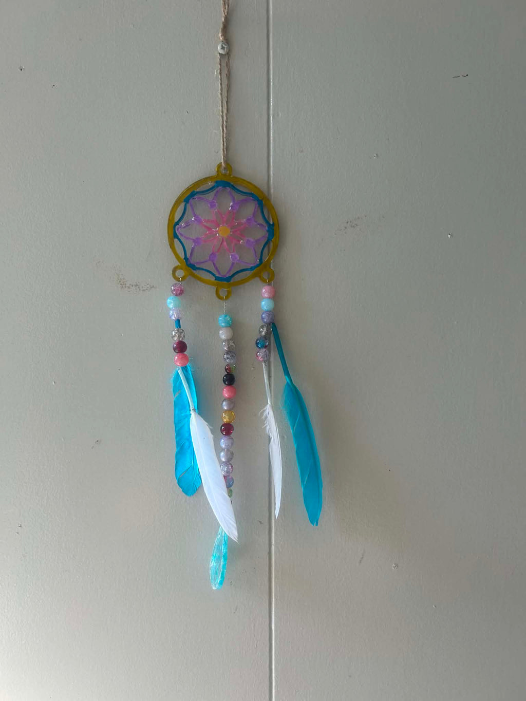 Small Dream Catcher – Resin with Blue & White Feather and Glass Beads
