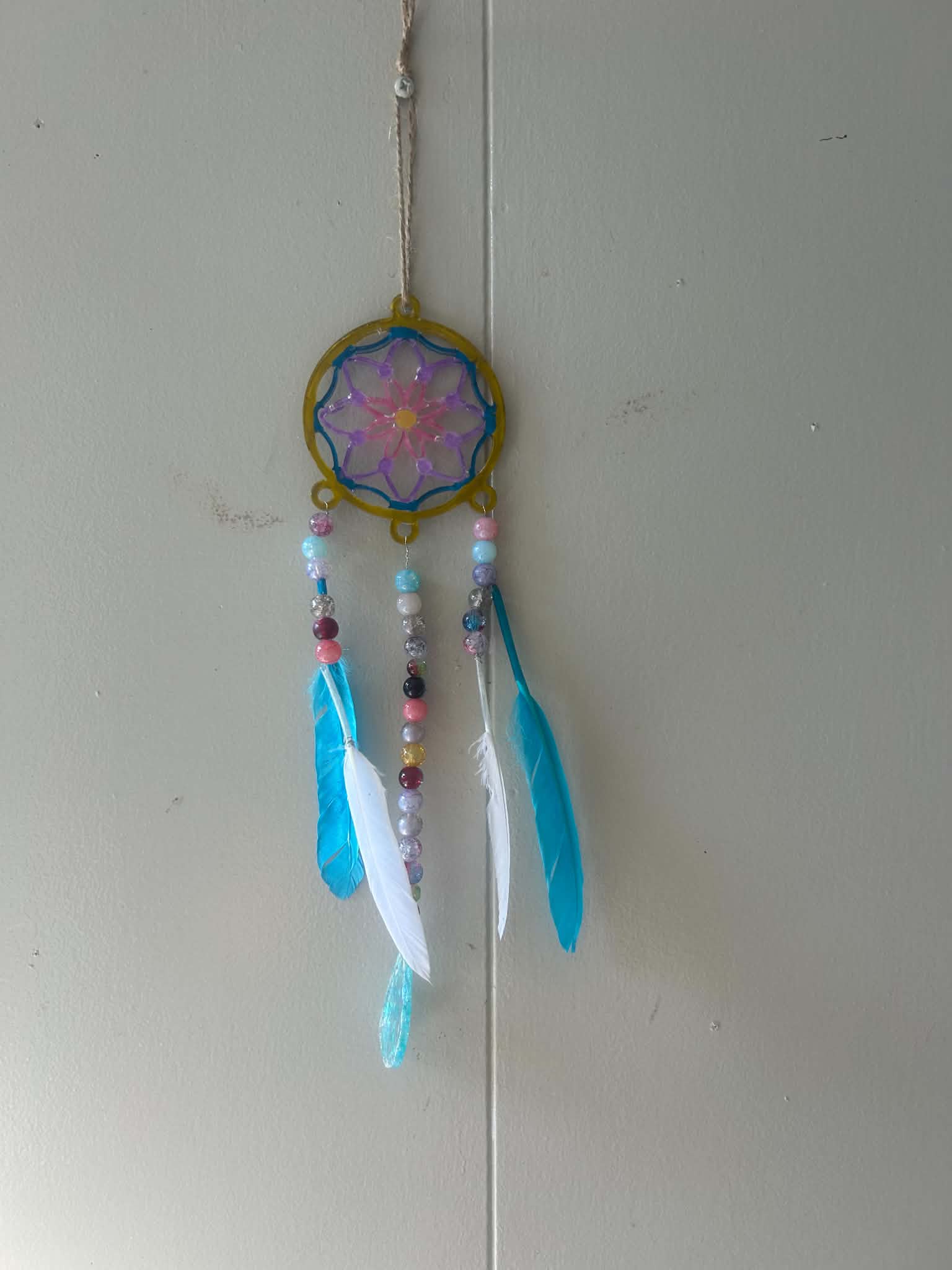Small Dream Catcher – Resin with Blue & White Feather and Glass Beads